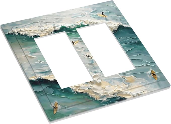 Beach Waves Ocean Surfing Hoverboard Painting Print Decorative Outlet Covers 2 Gang Double GFCI Rocker Electrical Wall Panels Light Switch Cover Plate for Bedroom Living Room Decor