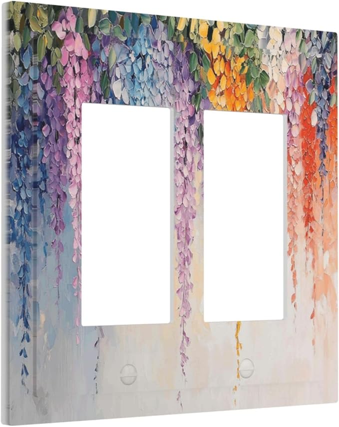 Colorful Wildflower Wisteria Cascade Floral Flower Decorative Outlet Covers 2 Gang Double GFCI Rocker Electrical Wall Panels Light Switch Cover Plate for Bedroom Living Room Decor