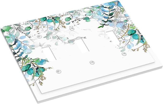 Decorative Light Switch Plate Covers Bohemian Green Eucalyptus Leaf Pine Leaves 3 Gang Wall Plate Switch Cover Plate Triple Toggle Jumbo Electrical Faceplate for Bedroom Home Decor