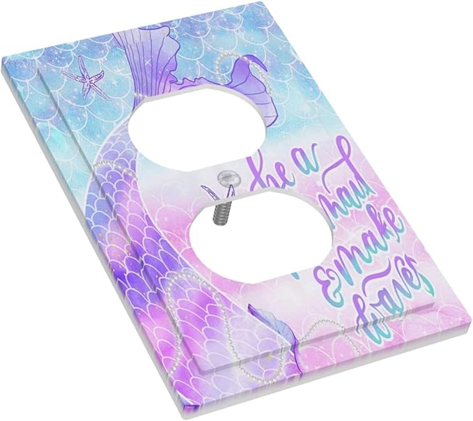 Cute Kids Girl Purple Pink Blue Fish Mermaid Scales Tail Quotes Undersea Ocean 1 Gang Duplex Wall Plate Electrical Receptacle Outlet Cover Decorative Dual Device Mid Size Light Switch Plug Face Plate
