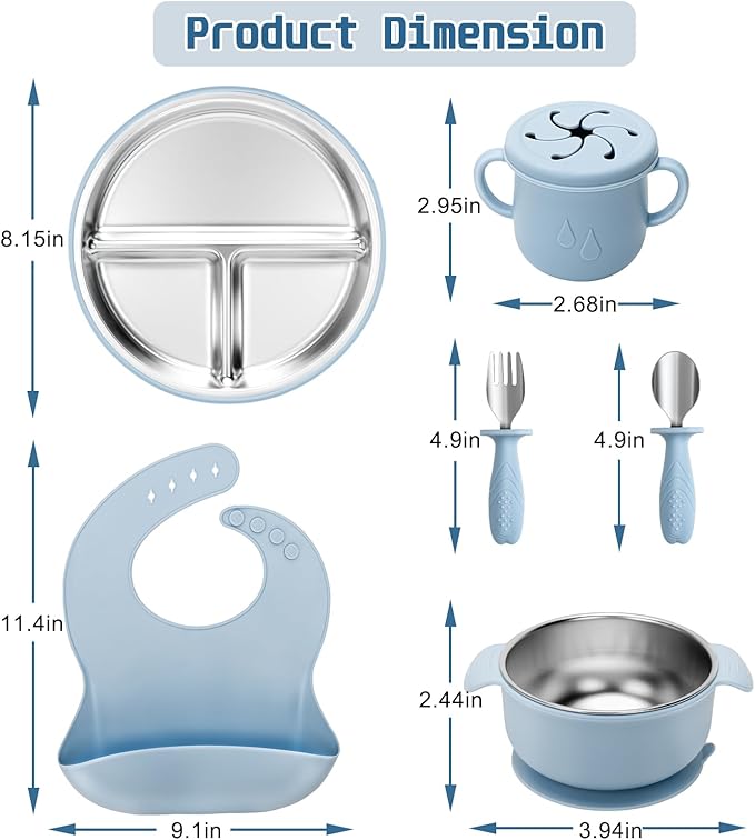 MISSLILI Stainless Steel Kids Plates and Bowls Set with Suction, Divided Baby Plate and Toddler Bowl with Removable Silicone Suction,Stainless Steel Weaning Bundle, Silicone Baby Feeding Set (Blue)
