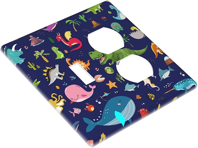 Cartoon Funny Cool Fun Navy Blue Dinosaur 2-Gang 1-Toggle 1-Duplex Device Combination Wallplate Ocean Whale Seahorse Animal One Toggle Switch and One Duplex Receptacle Outlet Combo Light Switch Cover