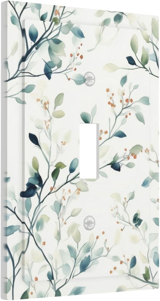 Watercolor Floral Green Leaves 1 Gang Light Switch Cover Single Toggle Wall Plate Green Botanical Flowers Decorative Electrical Switchplate Covers for Bedroom Kitchen Living Room Decor
