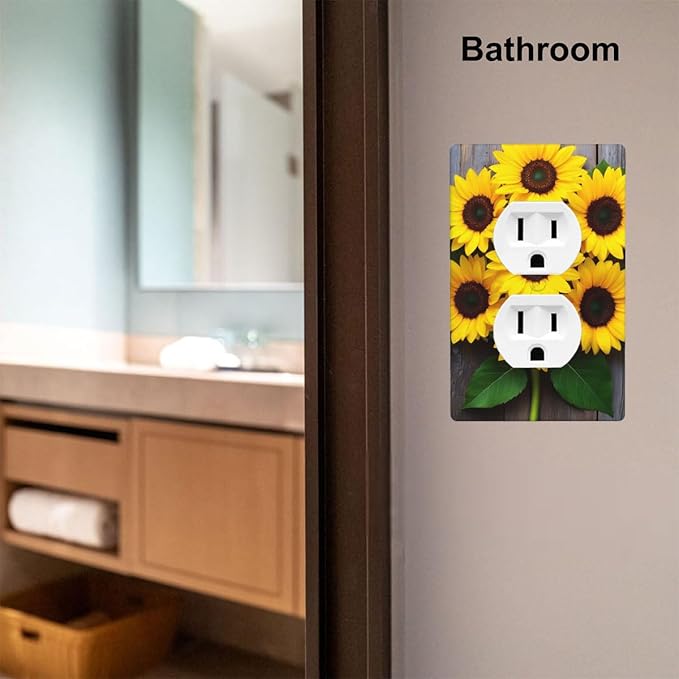 1-Gang Duplex Wall Plate, Yellow Floral Sunflower Printed Pattern Outlet Cover, Faux Rustic Wood Look Decor for Farmhouse Kitchen