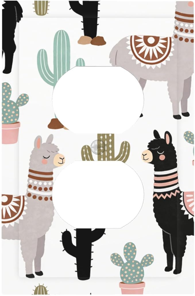 Playful Llama & Cactus Desert Pattern Duplex Wall Plate - 1-Gang Standard US Size Bohemian Desert Animals Outlet Covers for Boys & Girls Room Playroom Decor