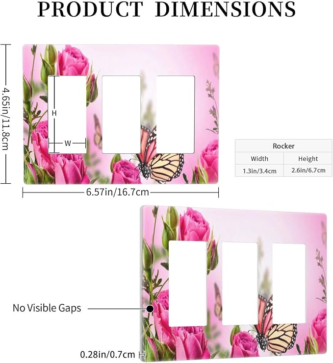 3 Gang Triple Rocker/Decor Light Switch Wall Plate Cover Decorative Butterfly Floral Pink Rose Blossom Electrical Faceplate Switchplates for Girl Spring Romance Flower Bouquet Room Decor Screwless