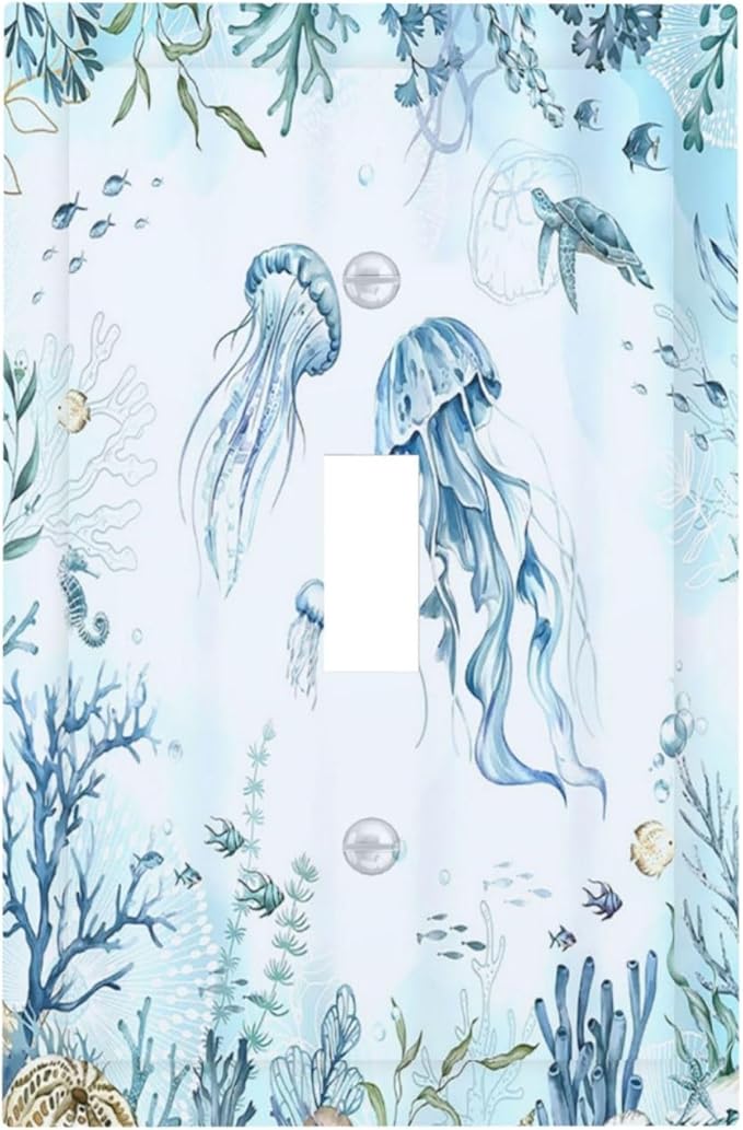 Decorative Light Switch Cover Jellyfish Teal Blue Ocean Turtle Coastal Beach 1 Gang Single Toggle Decorator Outlet Wall Plate Device Electrical Faceplate Switchplates for Bedroom