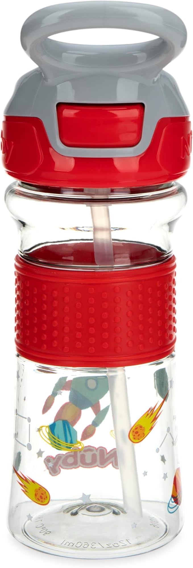 Nuby Thirsty Kids Push Button Flip-it Soft Spout on The Go Water Bottle with Easy Grip Band, 12oz, Rocket