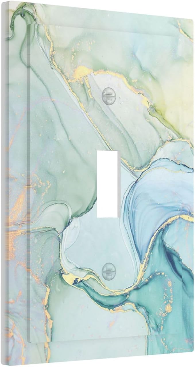 Decorative Light Switch Cover Teal Gold Marbling Turquoise 1 Gang Single Toggle Device Electrical Faceplate Switchplates Decorator Outlet Wall Plate for Bathroom living Room Decor
