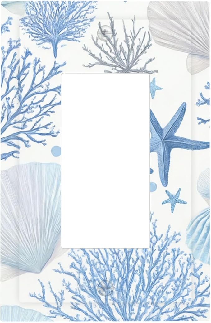 Coastal Blue Coral & Starfish Single Rocker Switch Cover - 1-Gang Standard US Size Watercolor Ocean Treasures Light Switch Covers, Serene Underwater Garden for Beach House Decor
