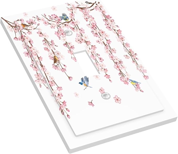 Pink Cherry Blossom Flower Vine Floral Tree Branch Birds Decorative Light Switch Cover 1 Gang Single Toggle Device Electrical Faceplate Switchplates Decorator Outlet Wall Plate for Bedroom Living Room