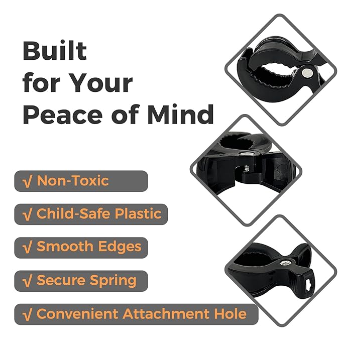 4-Pack Stroller Organizer: 2 Universal Pram Clips with 2 Stroller Hooks | Convenient Travel & Shopping Essentials for Baby Carriage - Black