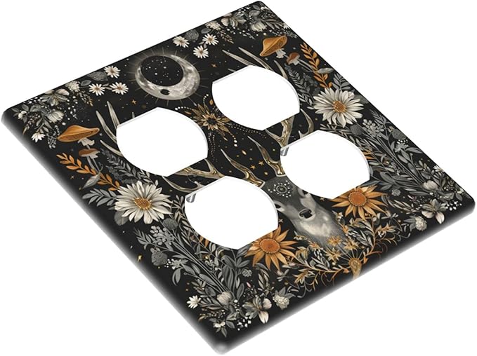 Decorative Outlet Covers Vintage Deer Flowers Moon Natural Plants Floral 2 Gang Decorative Switch Plate Double Duplex Wall Plates Switch Plates and Outlet Covers for Bathroom Bedroom Decor