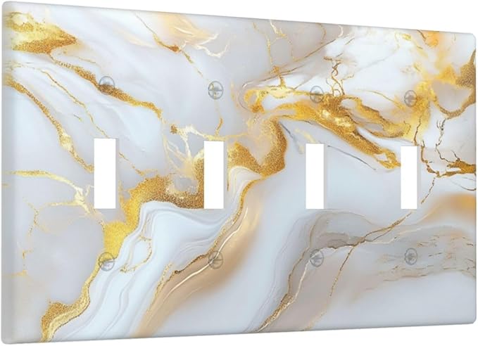 Decorative Switch Plate Cover Abstract Gold Marble Design with White & Gold 4 Gang Artistic Wall Plate Unique Quad Toggle Light Switch Covers for Modern Luxurious Decor