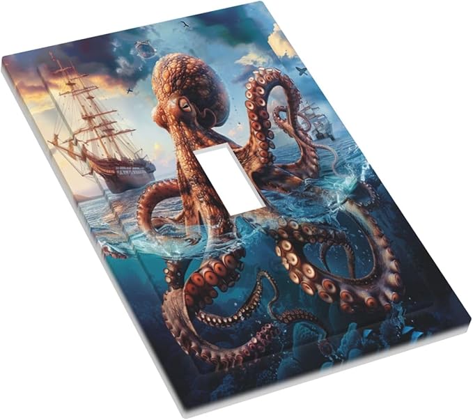 Light Switch Cover Plate Deep Ocean Octopus Sailboat Sea Monster 1 Gang Single Toggle Decorative Switch Plates Wall Plates Electrical Faceplate Socket Covers for Bathroom Bedroom Decor