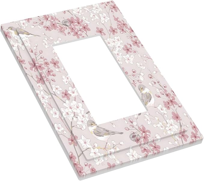 Pink Sakura Cherry Blossom Vintage Bird Floral Flower Decorative Outlet Covers 1 Gang Single Rocker Light Switch Cover Plate Wall Plates GFCI Faceplate for Bedroom Living Room Decor