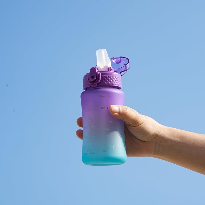 OLDLEY Kids Water Bottle for School, 12 oz (2 lids) BPA-Free Reusable Leak-proof Durable Tritan Plastic Water Bottles with Straw & Chug Lids, Anti-dust Spout Cover (Macaroon)