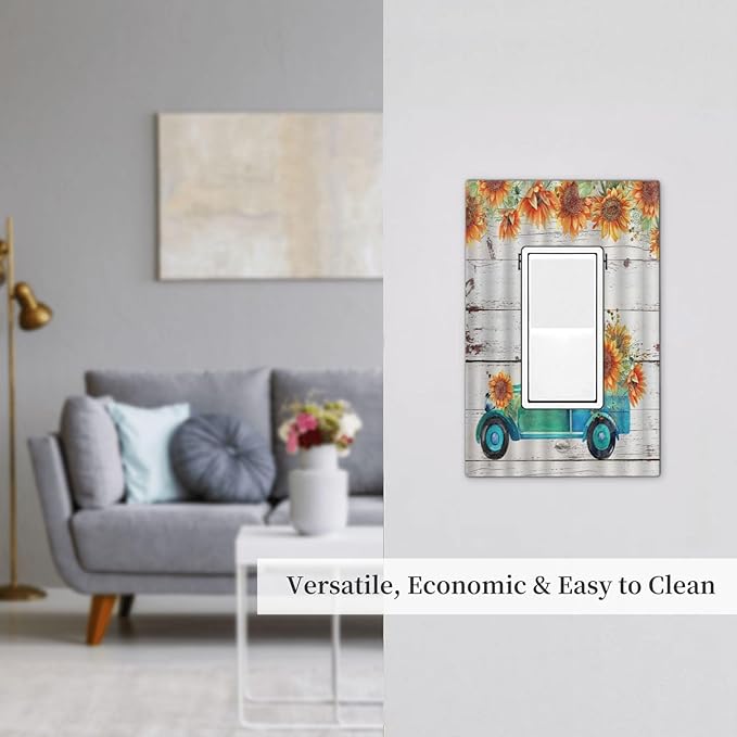Decorative Outlet Covers Teal Farm Truck Pulling Sunflowers 1 Gang Single Decora GFCI Device Light Switch Cover Plate 1 Rocker Wall Plate Jumbo Switch Plate Cover for Farmhouse Bathroom Decor
