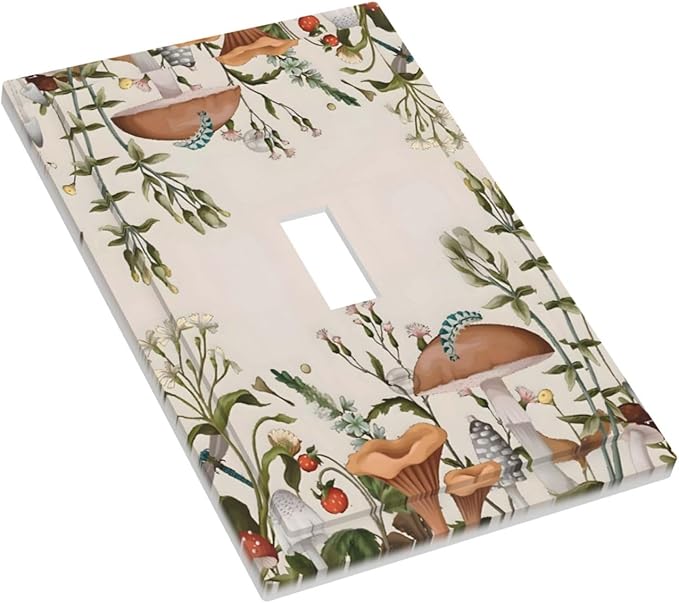 Boho Mushroom Forest Plants Wildflowers Insects Decorative Light Switch Cover 1 Gang Single Toggle Device Electrical Faceplate Switchplates Decorator Outlet Wall Plate for Kids Room Home Decor