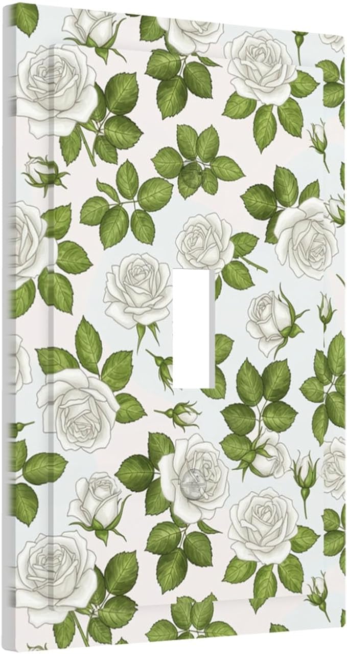 Elegant White Roses & Green Leaves Floral 1-Gang Toggle Light Switch Plate, Timeless Rose Garden Decorative Wall Plate for Bathroom Bedroom Vanity