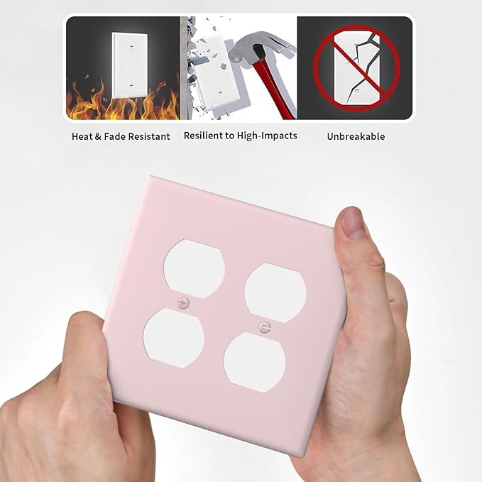 Cute Pink 2 Gang Double Duplex Receptacle Combo Outlet Light Switch Cover Solid Color Woman Girl Girly Wall Plate Electrical Faceplate Decorative Dual Device Switchplate