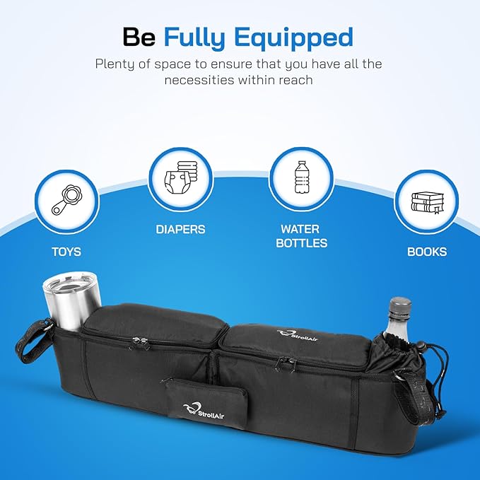 StrollAir - Universal Best Double Parent Stroller Organizer Caddy Insulated Cup Holder Console side-by-side Mountain Buggy TWIN WAY Bob Duallie Baby Jogger City Mini GT – Black