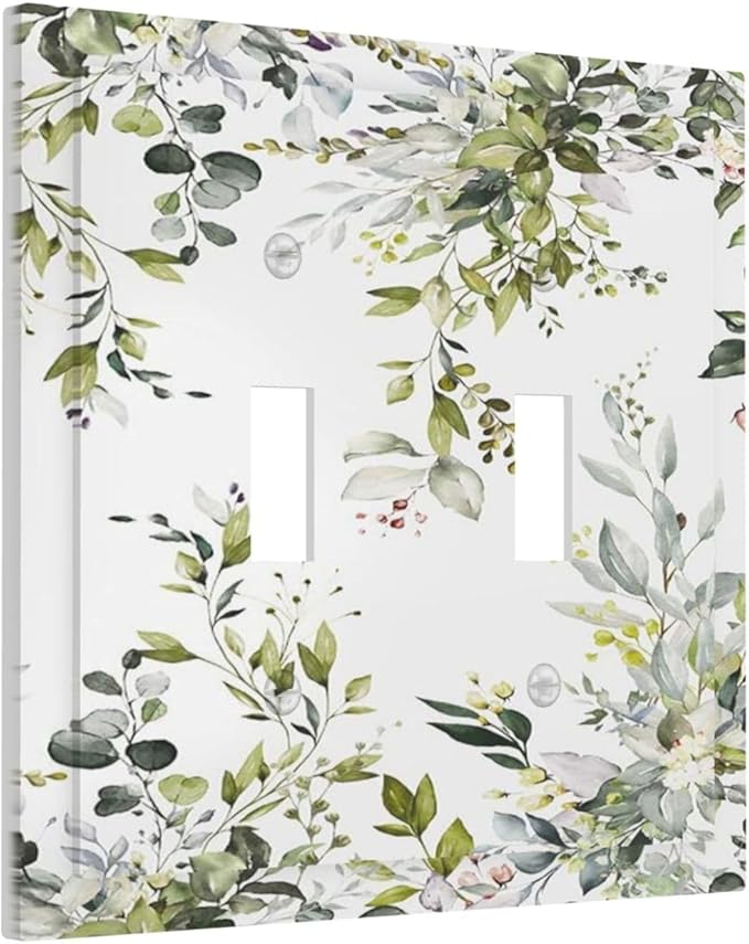 Eucalyptus Sage Green Leaf Plant Floral Decorative Switch Plates 2 Gang Double Toggle Outlet Light Switch Cover Wall Plate Electrical Faceplate for Bedroom Living Room Decor