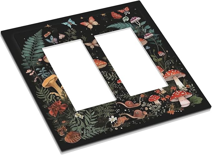 Cartoon Floral Mushroom forest Butterfly Flowers Decorative Outlet Covers 2 Gang Double Gfci Rocker Electrical Wall Panels Light Switch Cover Plate for Bedroom Kids Room Decor