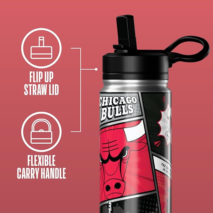 Hydrapeak x NBA Chicago Bulls 20 oz Stainless Steel Water Bottle, Officially Licensed Double Wall Insulated Sports Bottle with Straw Lid, Reusable Leakproof Gift for Kids & Adults