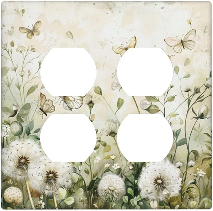 Decorative Outlet Covers Watercolor Butterflies Dandelions Wildflowers 2 Gang Decorative Switch Plate Double Duplex Wall Plates Switch Plates and Outlet Covers for Bathroom Bedroom Decor
