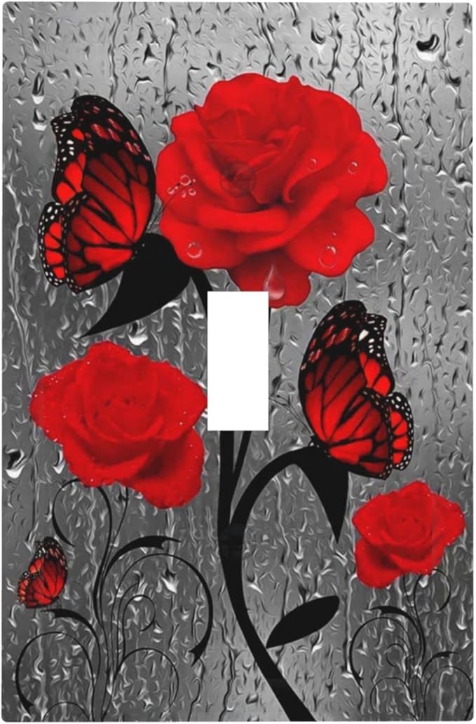 Raindrop Flower Butterfly Red Rose 1 Gang Light Switch Cover Single Toggle Wall Plate Decorative Switchplate Electrical Farmhouse Faceplate Raindrops Floral Girls Kitchen Bathroom Bedroom Decor 5" x 3