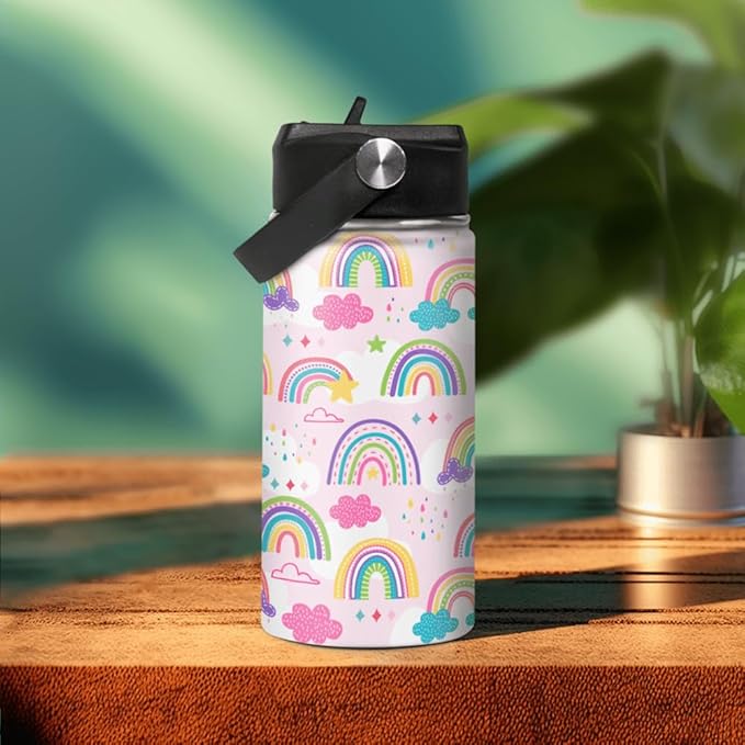 Kids Water Bottle Rainbow Water Bottles 12oz with Straw Insulated Stainless Steel Travel School Tumbler Double Wall Vacuum Cup for Girls Kid