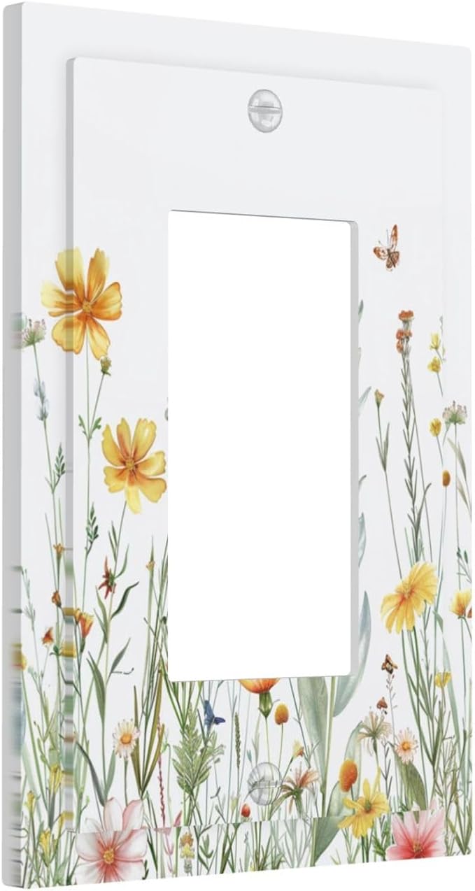 Light Switch Cover Plate Rustic Colorful Floral Butterfly Watercolor Flowers 1 Gang Outlet Covers Single Rocker Decorative Switch plates Electrical Wall Plates GFCI Receptacle for Bathroom Bedroom