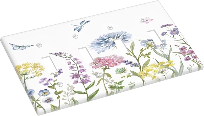 Colorful Wildflowers Dragonfly Lavender Butterfly Insect Light Switch Covers Quad Toggle Electrical Faceplate 4 Gang Wall Plate Decorative Switch Plates Cover for Bedroom Living Room Decor