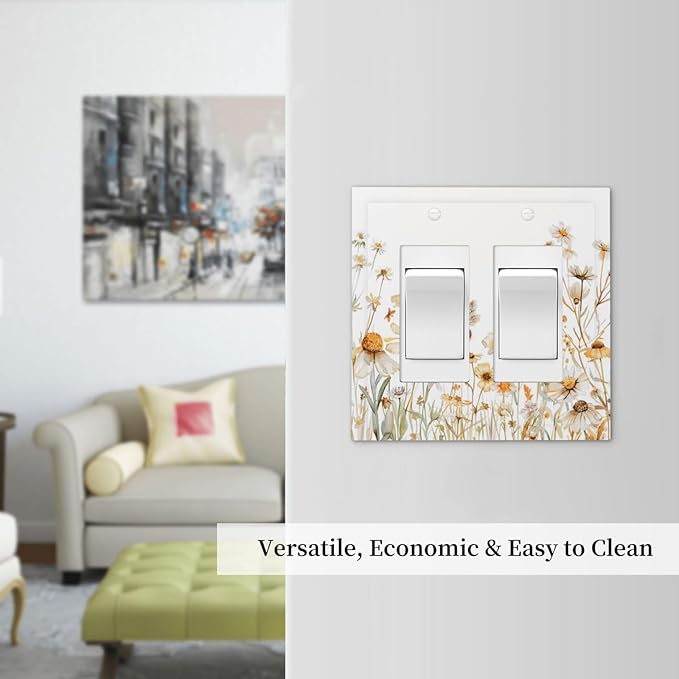 Yellow White Daisy Floral Bee Wild Flower Decorative Outlet Covers 2 Gang Double GFCI Rocker Electrical Wall Panels Light Switch Cover Plate for Bedroom Living Room Decor