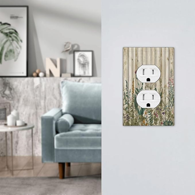 Vintage Wild Flowers Botanical Green Leaves Plants 1 Gang Outlet Plate Decorative Single Duplex Wall Plate Covers Rustic Wood Plank Electrical Receptacle Light Switch Cover Art Faceplate Switchplate