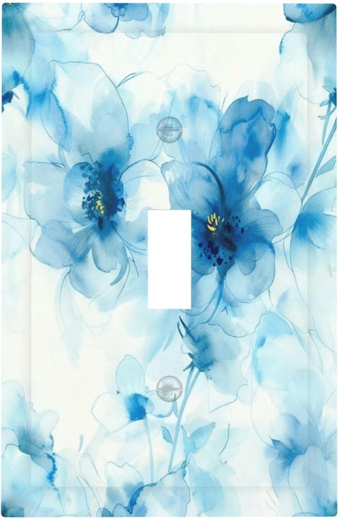 Watercolor Flower Blue White Large Floral Leaf Plants Decorative Light Switch Cover 1 Gang Single Toggle Device Electrical Faceplate Switchplates Decorator Outlet Wall Plate for Bedroom Living Room