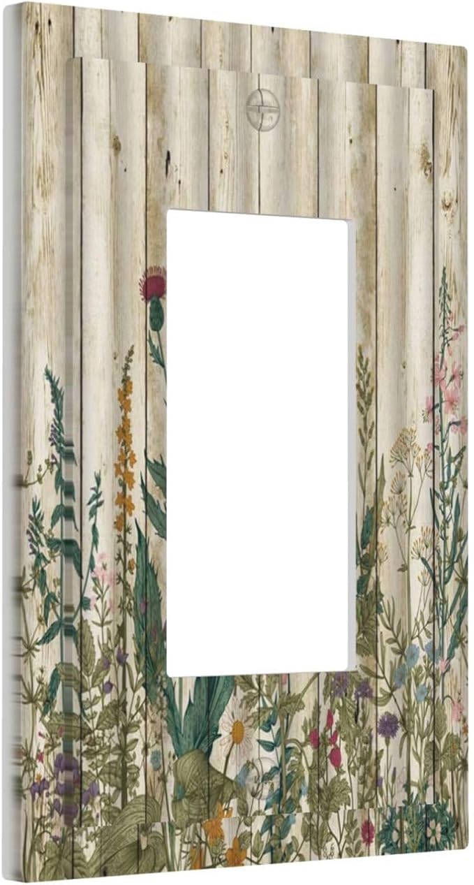 Vintage Wild Flowers Botanical Green Leaves Plants 1 Gang Rocker Light Switch Covers Decorative Rustic Wood Plank Single Decora Outlet Wall Plate Faceplate Switchplate GFCI for Farmhouse