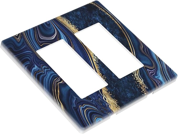 Navy Blue Marble Light Switch Cover 2 Gang Rocker Decorative Double Decor Wall Plate Electrical Switchplate GFCI Faceplate for Boys Men Bathroom Kitchen Home Art Panel Decor Screwless 4.7" x 4.6