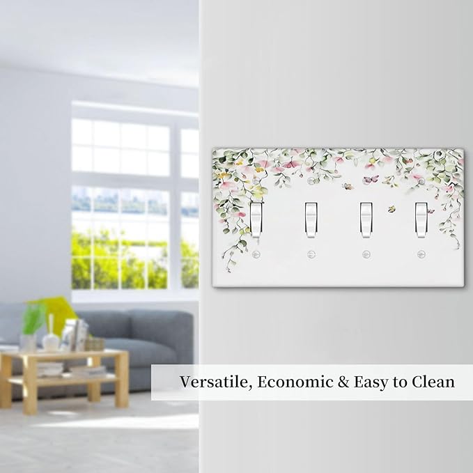 Watercolor Flowers Vine Colorful Butterfly Floral Light Switch Covers Quad Toggle Electrical Faceplate 4 Gang Wall Plate Decorative Switch Plates For Bed Room Living Room Decor