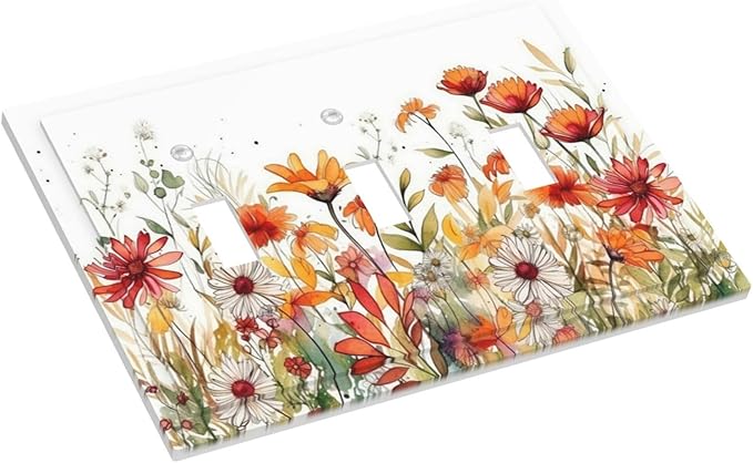 Watercolor Wild Flower Floral Daisy Plant Decorative Switch Plates 3 Gang Wall Plate Triple Toggle Light Switch Cover Faceplate Electrical Wall Panels for Bedroom Living Room Decor
