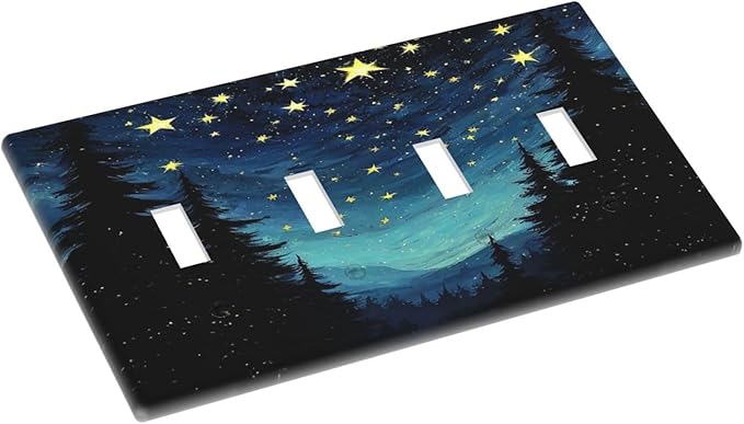 Light Switch Covers Blue Starry Sky Forest Painted Star Pine Tree Oil Painting Quad Toggle 4 Gang Wall Plate Electrical Faceplate Decorative Switch Plates for Bedroom Cabin Decor