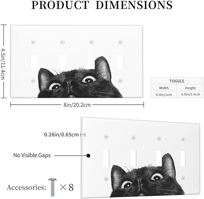 Peeping Black Cat Cute Animals Light Switch Covers Quad Toggle Electrical Faceplate 4 Gang Wall Plate Decorative Switch Plates for Kids Room Home Decor