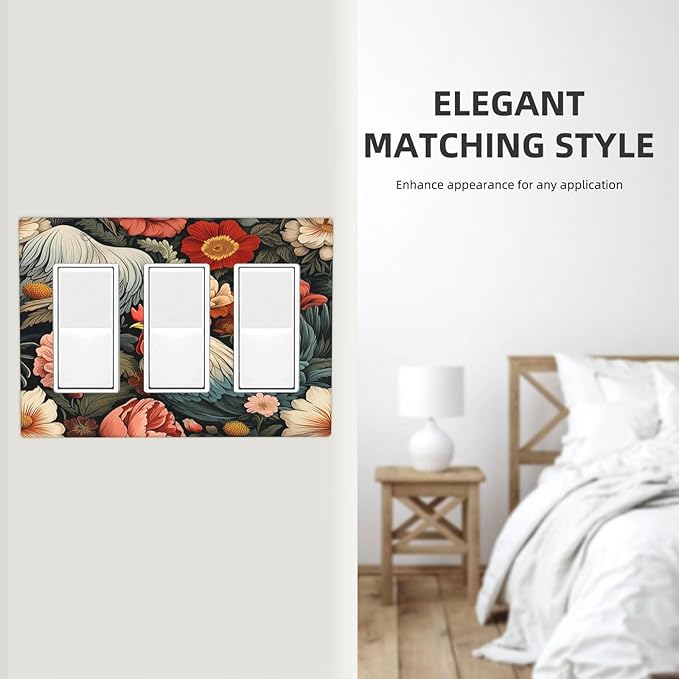 Light Switch Covers Rooster Flowers Red White Chicken Floral 3 Gang Rocker Electrical GFCI Decorative Triple Outlet Wall Plate Cover Switchplate for living Room Farmhouse Decor