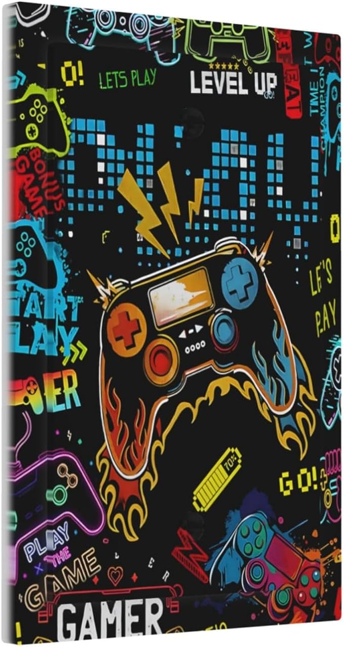 Gamer Video Game Themed Cool Controller Print Light Switch Cover Plate 1 Gang No Device Blank Electrical Wall Plates Faceplate Decorative Switch Plate Covers for Kids Room Office Decor