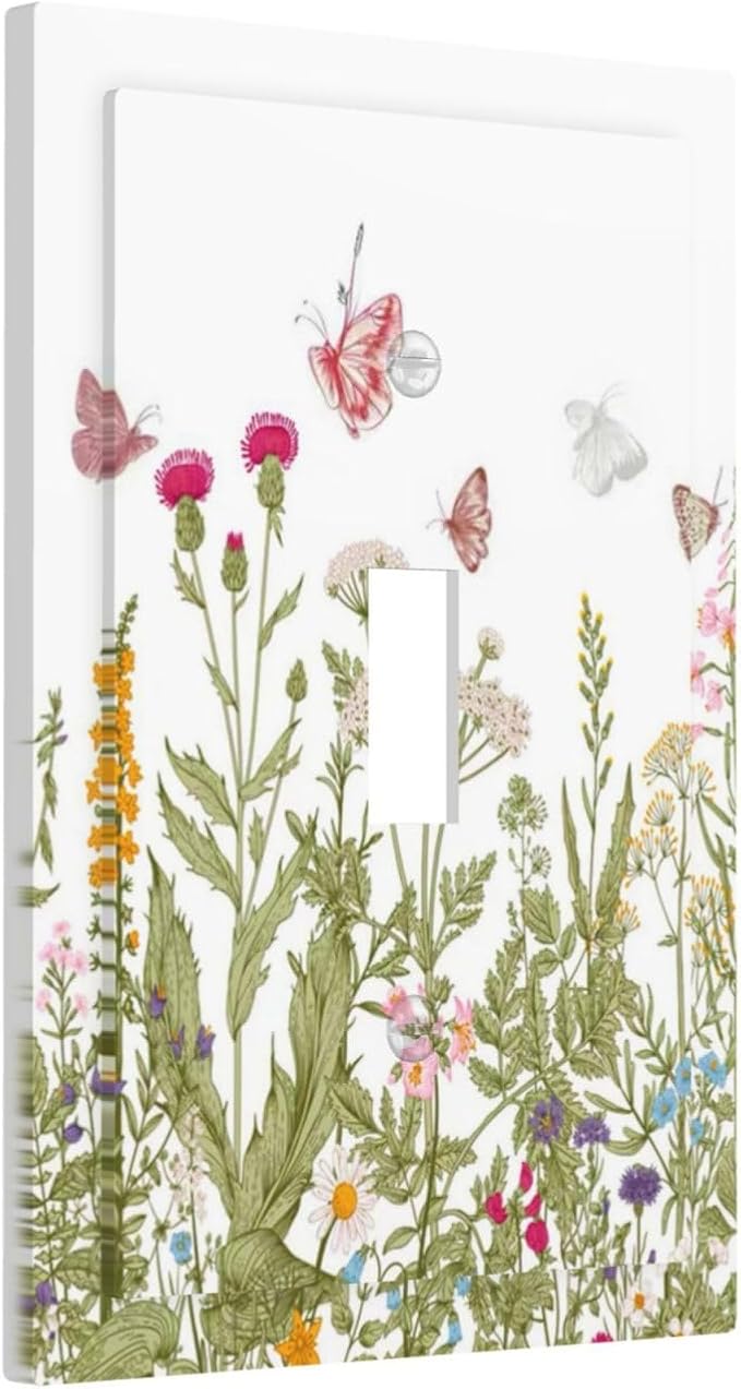 Colorful Butterfly Floral Plants Flower Vine Decorative Light Switch Cover 1 Gang Single Toggle Device Electrical Faceplate Switchplates Decorator Outlet Wall Plate for Bed Room Living Room Decor