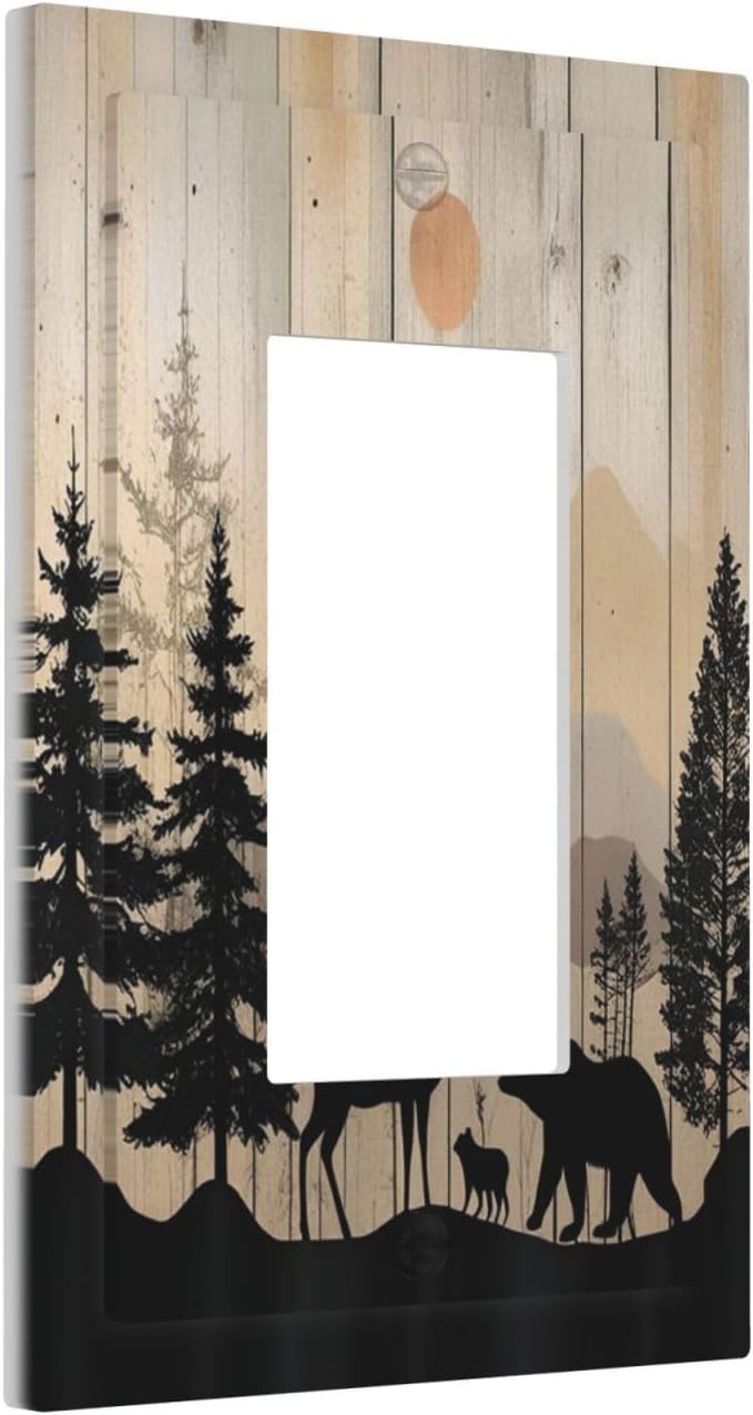 Decorative Outlet Covers Wood Board Wildlife Cute Bear Deer Forest Rustic 1 Gang Single Rocker Light Switch Cover Plate Wall Plates GFCI Faceplate for Bathroom Farmhouse Decor