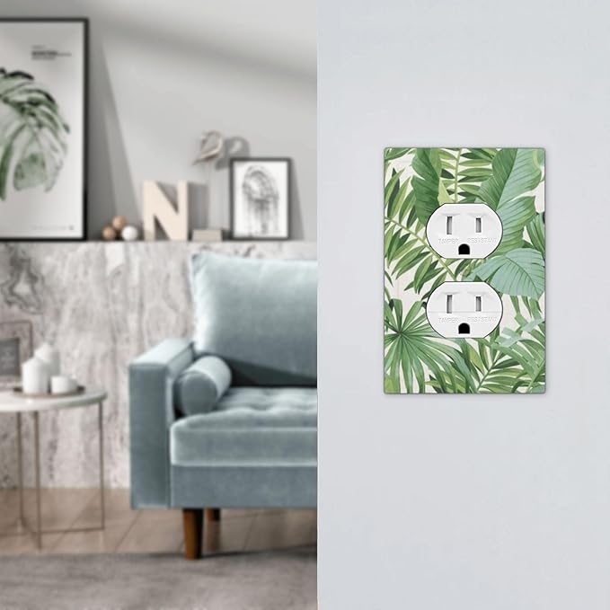 Palm Tree Leaves 1 Gang Duplex Receptacle Outlet Cover Green Tropical Monstera Banana Plant Leaf Electrical Wall Plate Summer Hawaiian Style One Gang Dual Device Light Switch Faceplate Socket Cover
