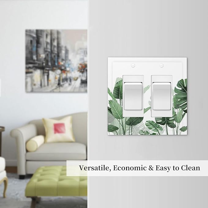 Decorative Outlet Covers Boho Tropical Plant Natural Palm Leaf 2 Gang Double Gfci Rocker Electrical Wall Panels Light Switch Cover Plate For Bed Room Living Room Decor