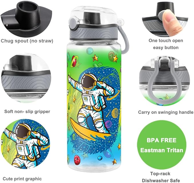 Home Tune Cute Water Bottle for School Kids Girls, BPA FREE Tritan & Leak Proof & Easy Clean & Carry Handle, 23oz/ 680ml - Space Man